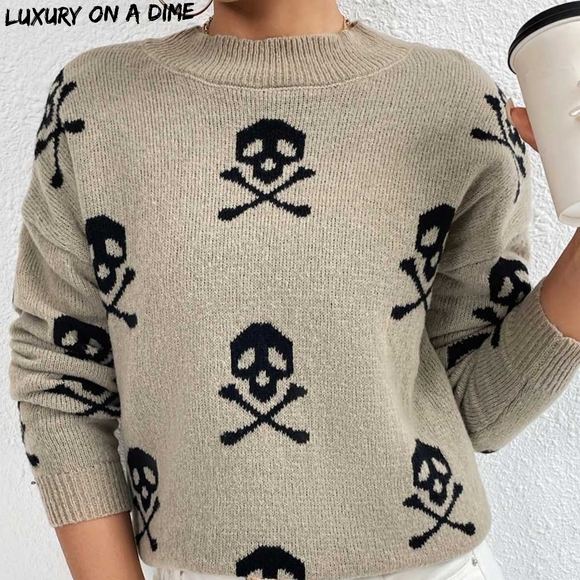 Sweaters - Skull Crossbones Unique Print Contrasting Knit Pullover Sweater Rock Roll Shirt